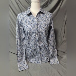 L.L. Bean Women's Extra Small Blue Paisley 100% Cotton Button-Up Dress Shirt